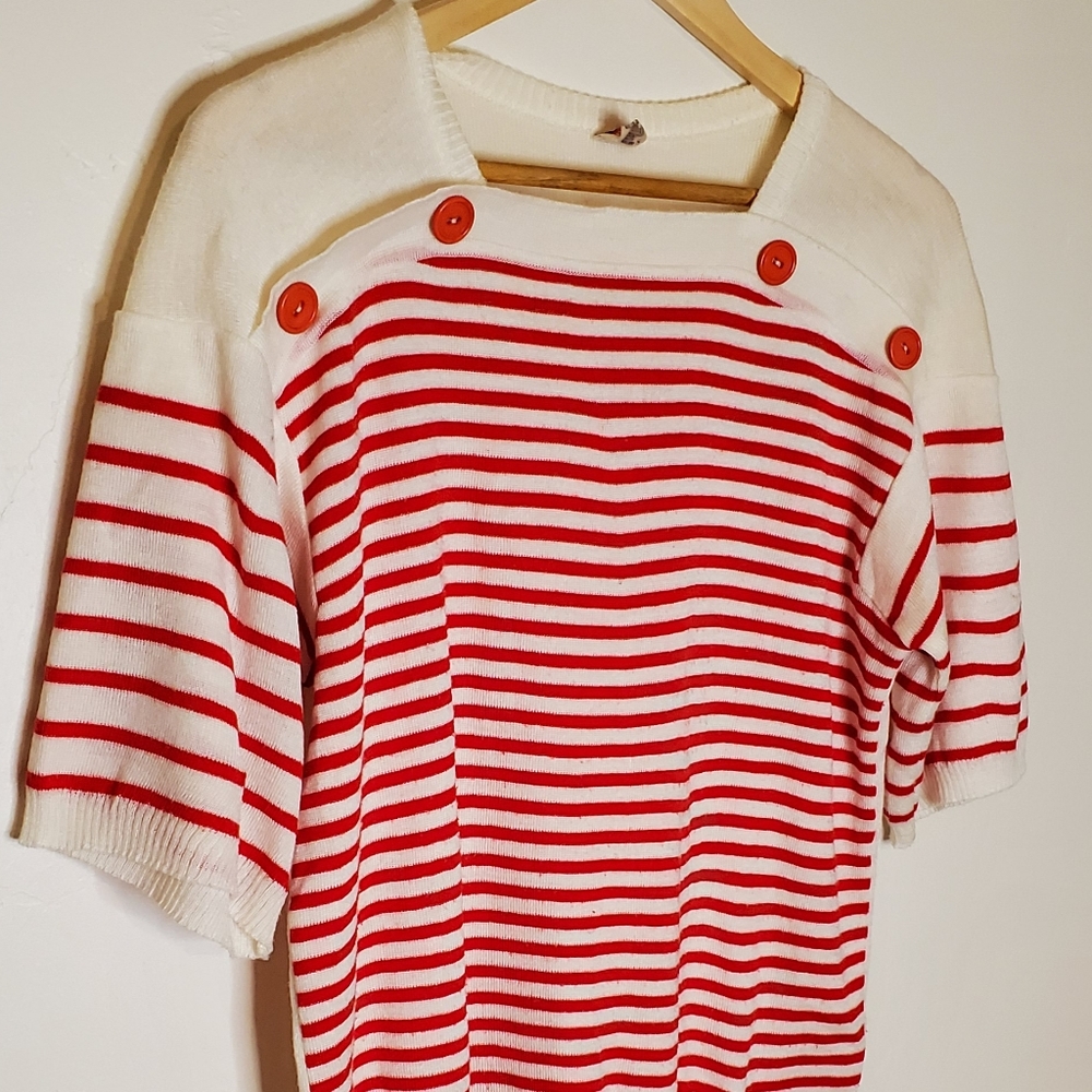 (Red &) White Stripes Red and White Striped Short Sleeve Knit Sweater Shirt - Picture 7 of 14